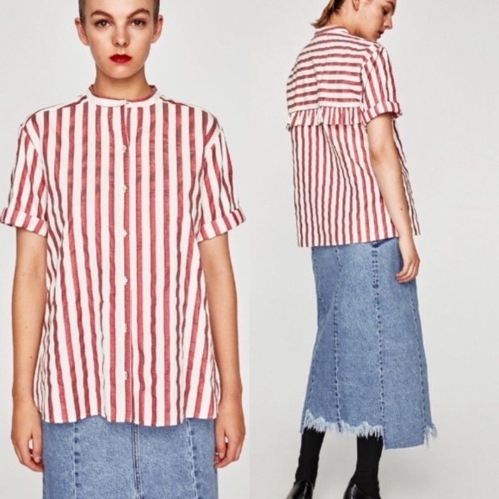 Zara trafaluc red metallic stripe ruffle back oversized blouse women's XS
